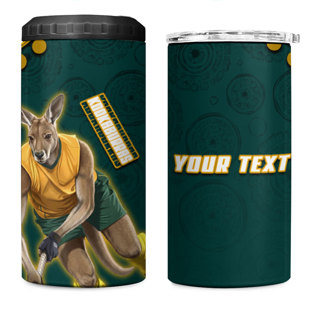 Personalized Kookaburras Field Hockey Kangaroo 4 in 1 Can Cooler Tumbler Indigenous Australian Dot Art Style In Green And Gold