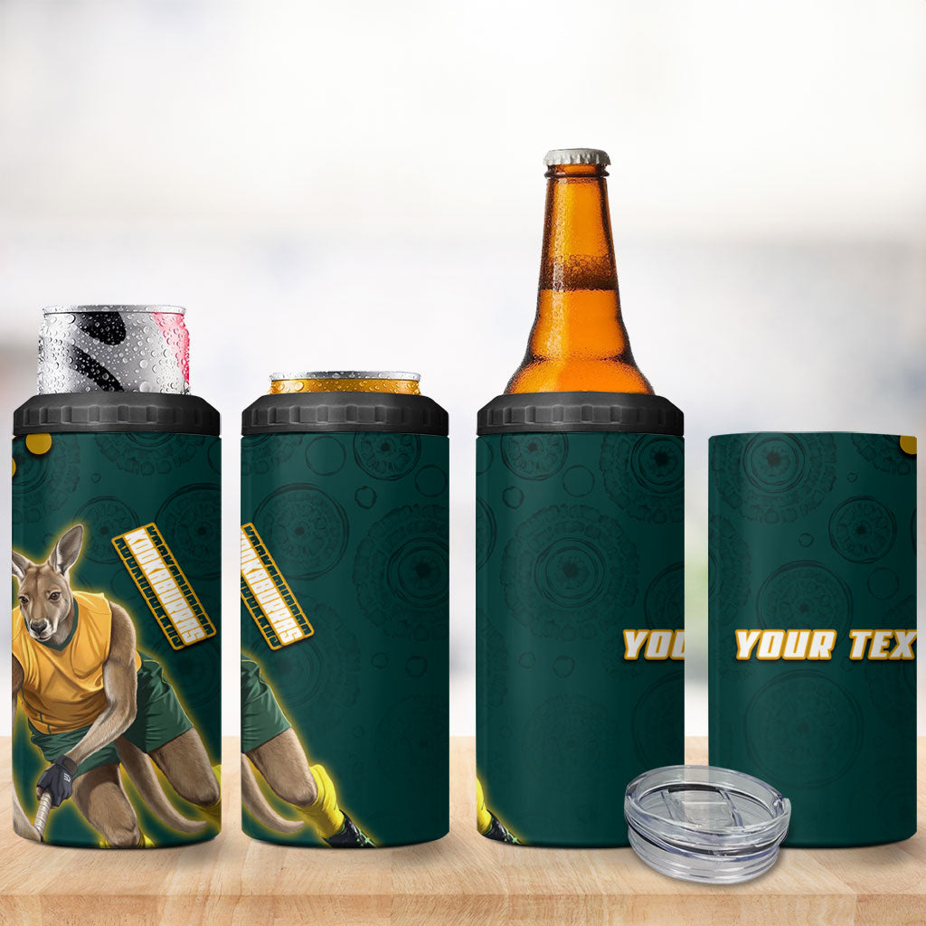 Personalized Kookaburras Field Hockey Kangaroo 4 in 1 Can Cooler Tumbler Indigenous Australian Dot Art Style In Green And Gold