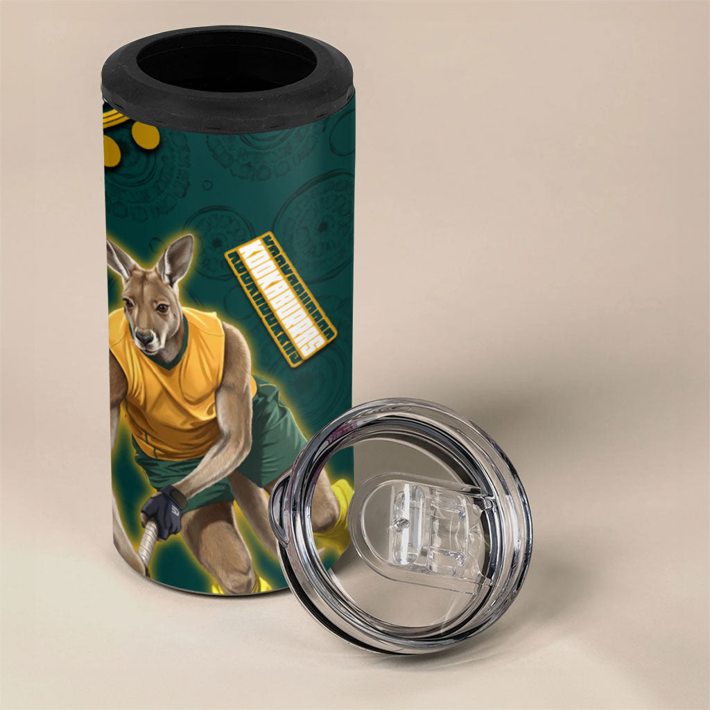 Personalized Kookaburras Field Hockey Kangaroo 4 in 1 Can Cooler Tumbler Indigenous Australian Dot Art Style In Green And Gold