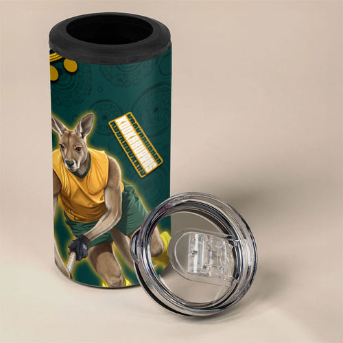 Personalized Kookaburras Field Hockey Kangaroo 4 in 1 Can Cooler Tumbler Indigenous Australian Dot Art Style In Green And Gold