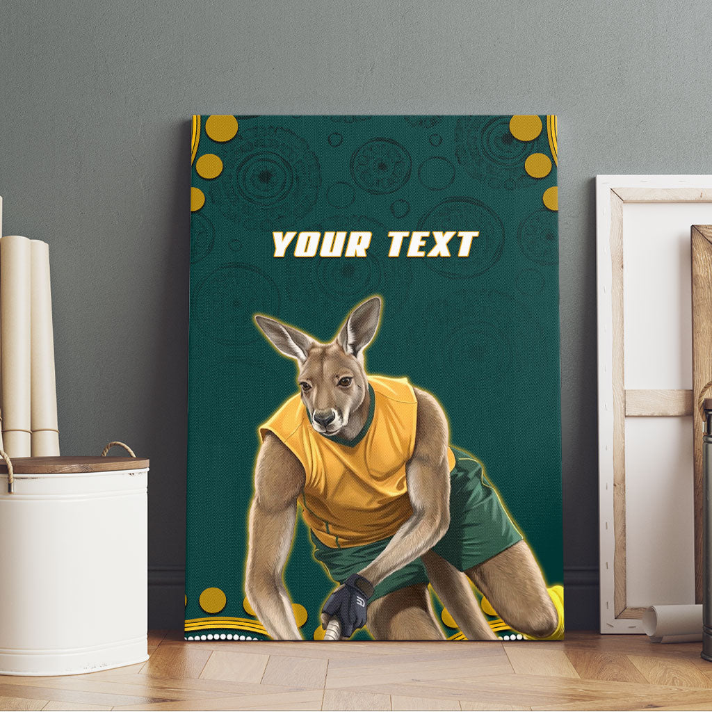 Personalized Kookaburras Field Hockey Kangaroo Canvas Wall Art Indigenous Australian Dot Art Style In Green And Gold