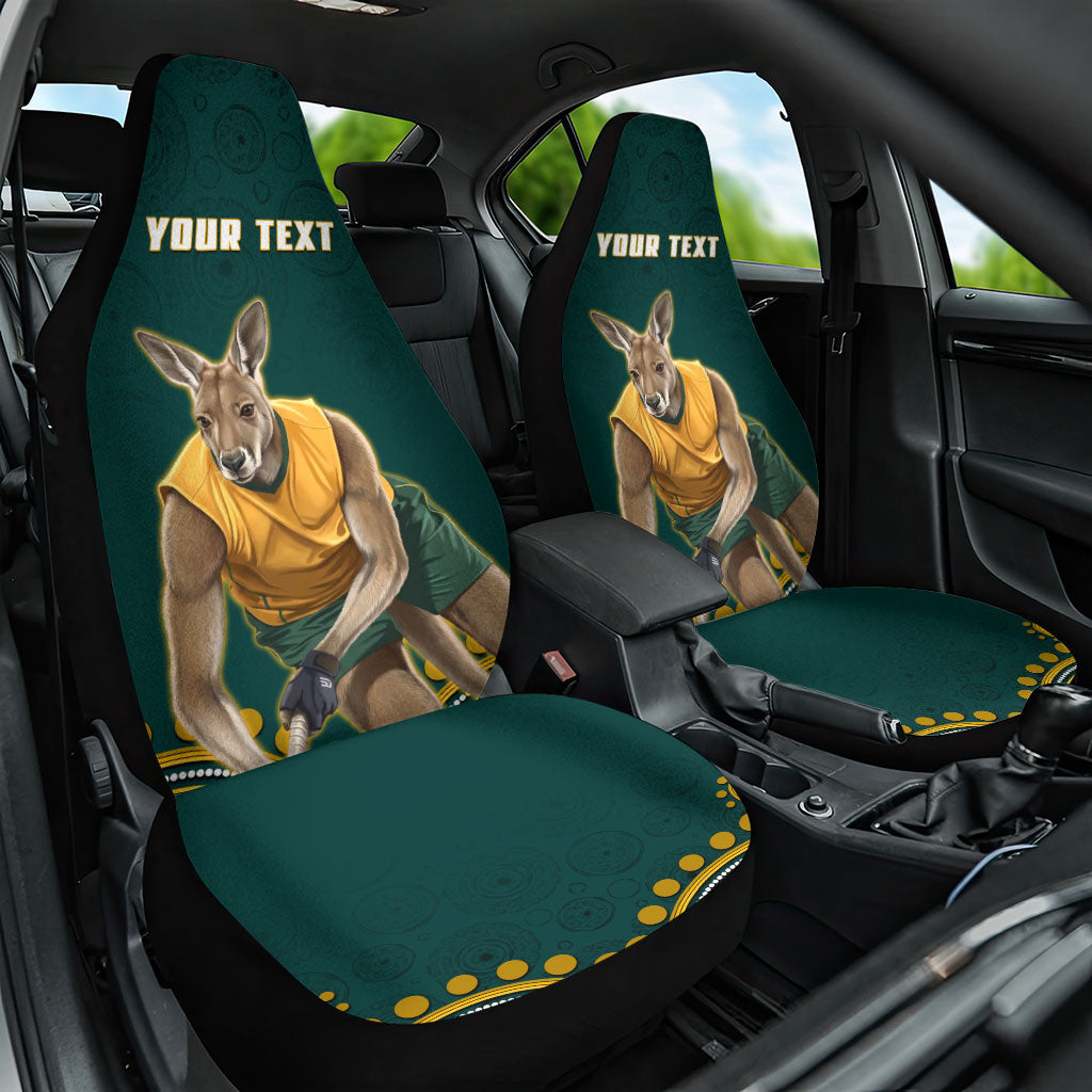 Personalized Kookaburras Field Hockey Kangaroo Car Seat Cover Indigenous Australian Dot Art Style In Green And Gold