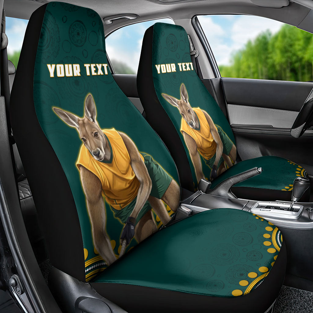 Personalized Kookaburras Field Hockey Kangaroo Car Seat Cover Indigenous Australian Dot Art Style In Green And Gold