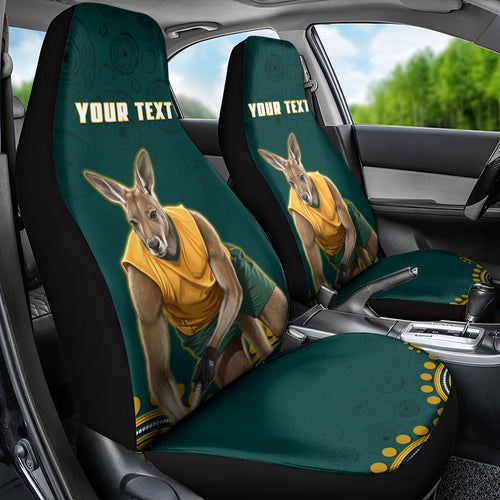 Personalized Kookaburras Field Hockey Kangaroo Car Seat Cover Indigenous Australian Dot Art Style In Green And Gold