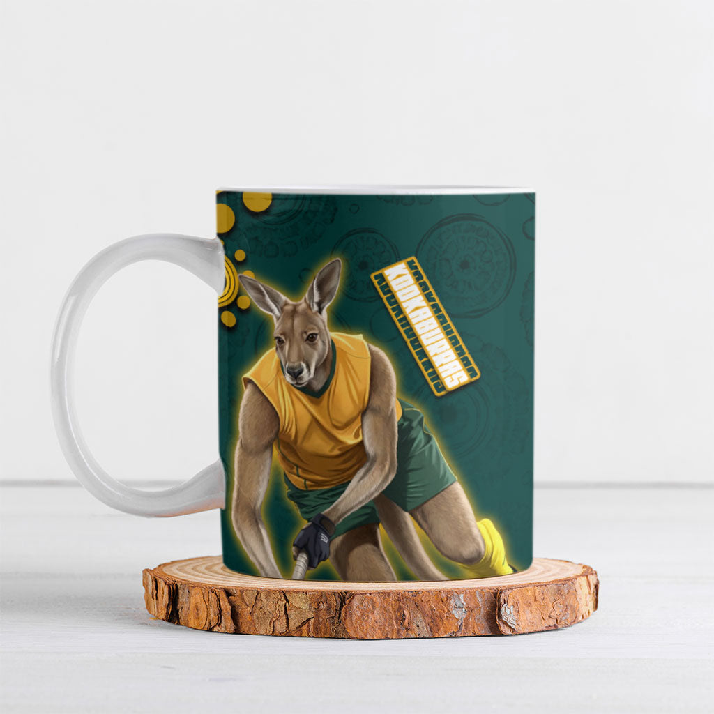 Personalized Kookaburras Field Hockey Kangaroo Ceramic Mug Indigenous Australian Dot Art Style In Green And Gold