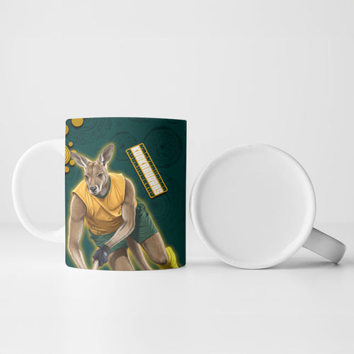 Personalized Kookaburras Field Hockey Kangaroo Ceramic Mug Indigenous Australian Dot Art Style In Green And Gold