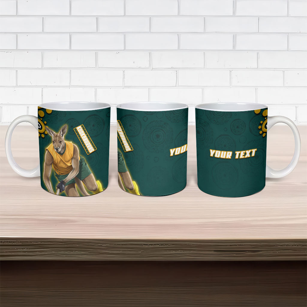 Personalized Kookaburras Field Hockey Kangaroo Ceramic Mug Indigenous Australian Dot Art Style In Green And Gold