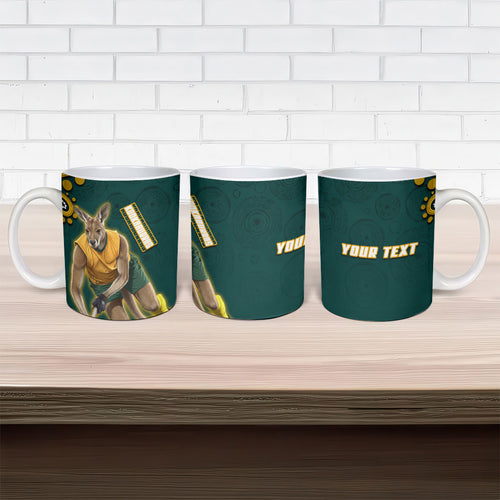 Personalized Kookaburras Field Hockey Kangaroo Ceramic Mug Indigenous Australian Dot Art Style In Green And Gold