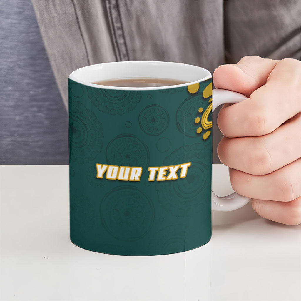Personalized Kookaburras Field Hockey Kangaroo Ceramic Mug Indigenous Australian Dot Art Style In Green And Gold