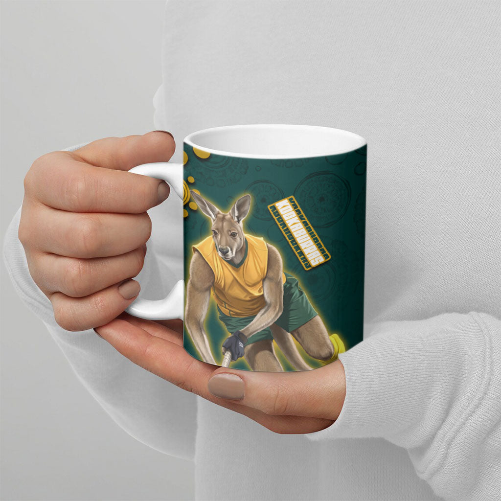 Personalized Kookaburras Field Hockey Kangaroo Ceramic Mug Indigenous Australian Dot Art Style In Green And Gold