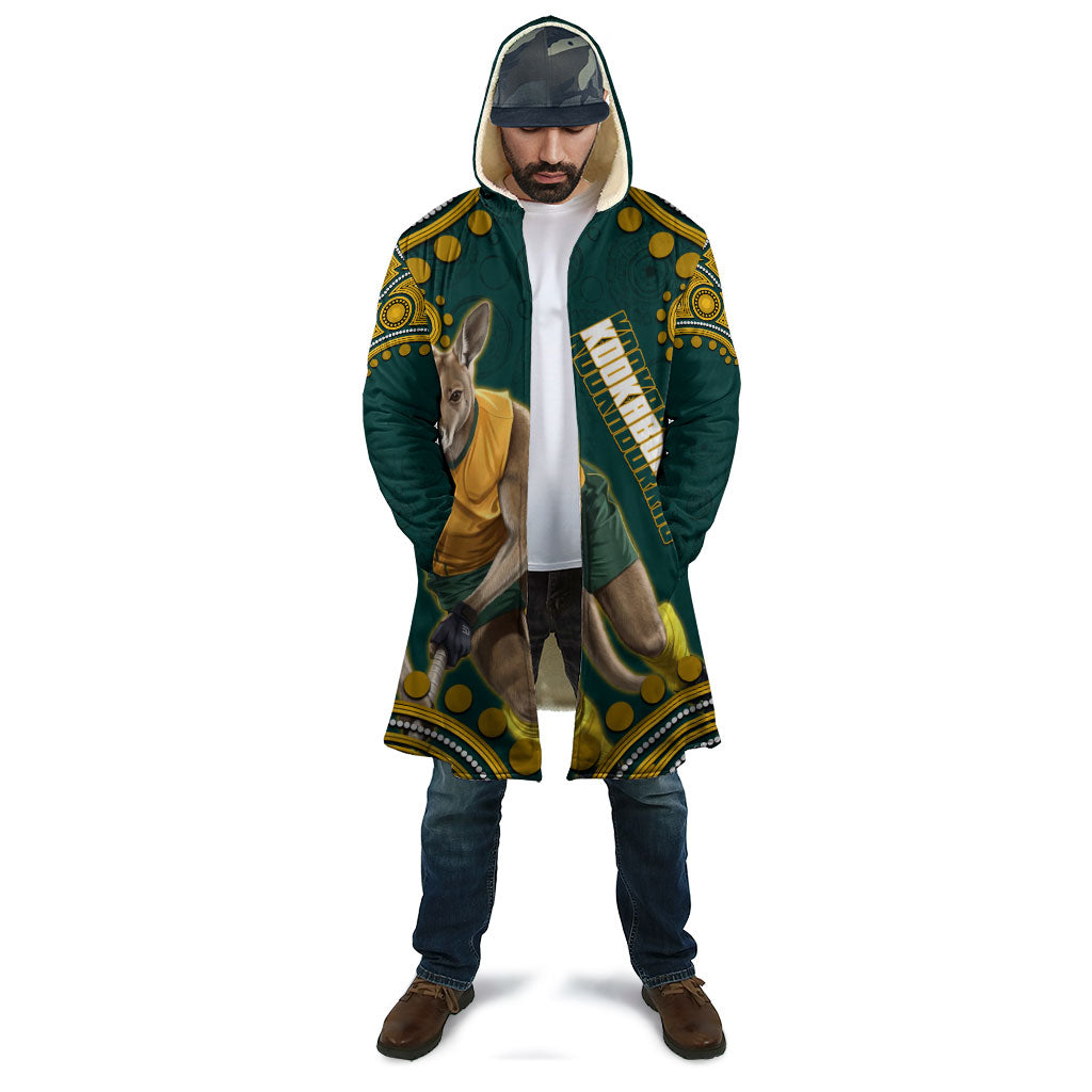 Personalized Kookaburras Field Hockey Kangaroo Cloak Indigenous Australian Dot Art Style In Green And Gold