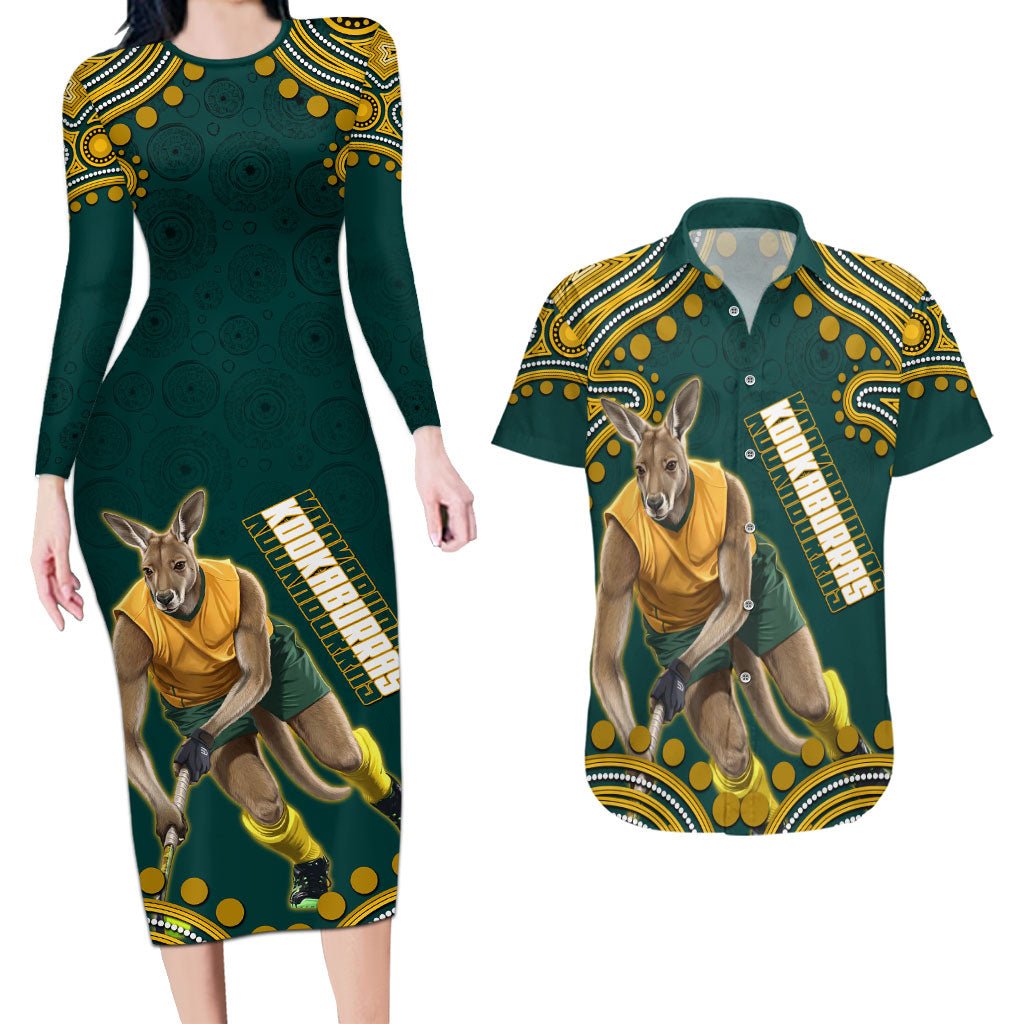 Personalized Kookaburras Field Hockey Kangaroo Couples Matching Long Sleeve Bodycon Dress and Hawaiian Shirt Indigenous Australian Dot Art Style In Green And Gold