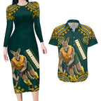 Personalized Kookaburras Field Hockey Kangaroo Couples Matching Long Sleeve Bodycon Dress and Hawaiian Shirt Indigenous Australian Dot Art Style In Green And Gold
