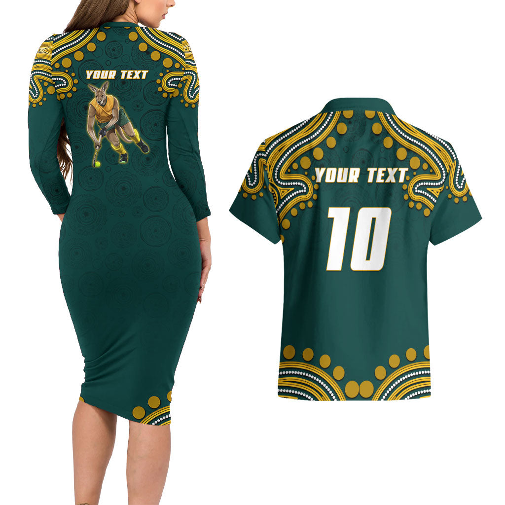 Personalized Kookaburras Field Hockey Kangaroo Couples Matching Long Sleeve Bodycon Dress and Hawaiian Shirt Indigenous Australian Dot Art Style In Green And Gold