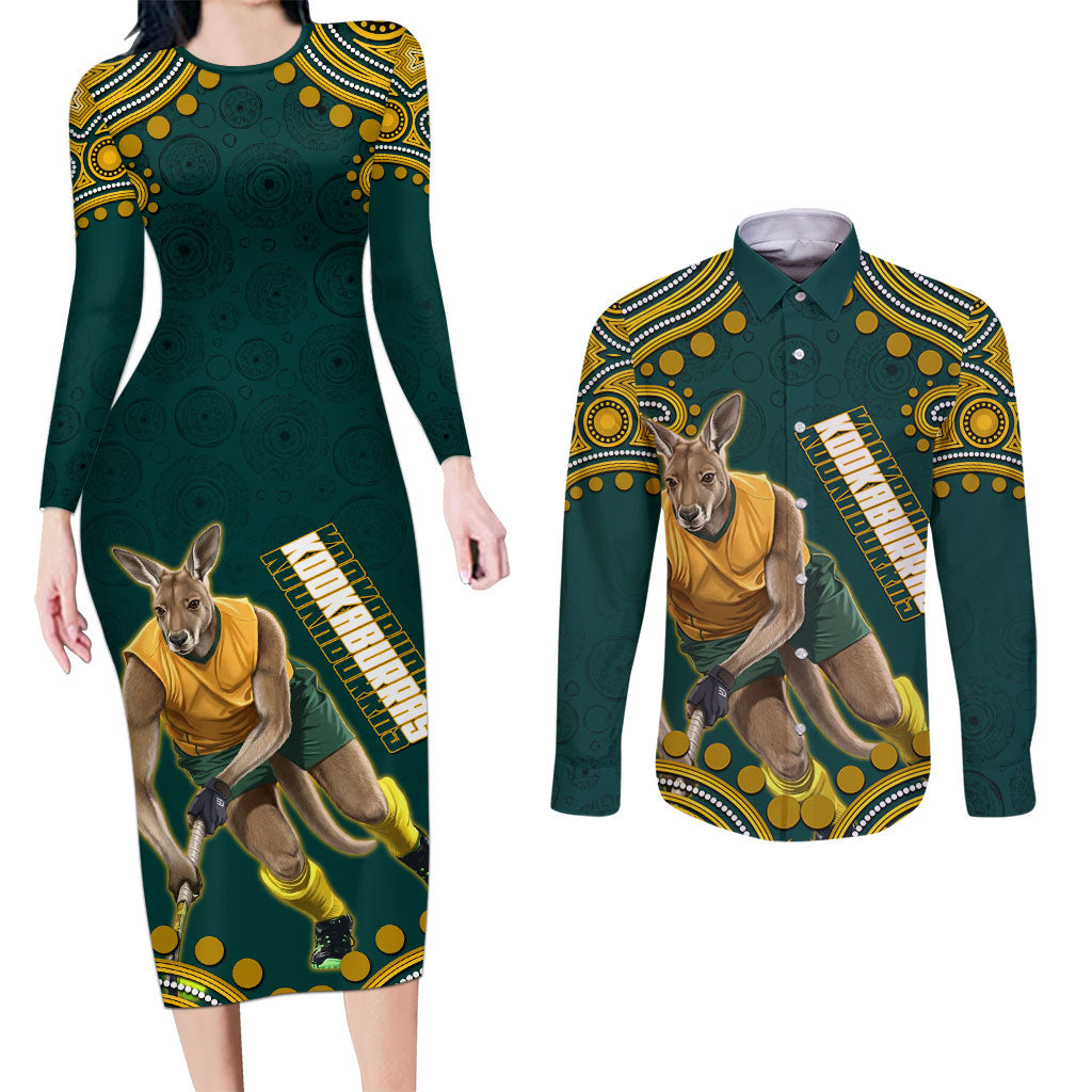 Personalized Kookaburras Field Hockey Kangaroo Couples Matching Long Sleeve Bodycon Dress and Long Sleeve Button Shirt Indigenous Australian Dot Art Style In Green And Gold
