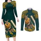 Personalized Kookaburras Field Hockey Kangaroo Couples Matching Long Sleeve Bodycon Dress and Long Sleeve Button Shirt Indigenous Australian Dot Art Style In Green And Gold