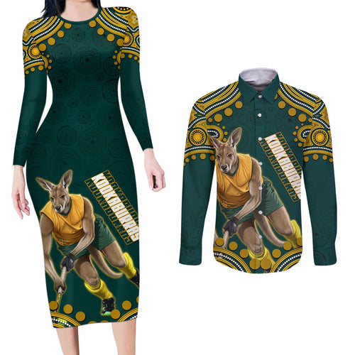 Personalized Kookaburras Field Hockey Kangaroo Couples Matching Long Sleeve Bodycon Dress and Long Sleeve Button Shirt Indigenous Australian Dot Art Style In Green And Gold