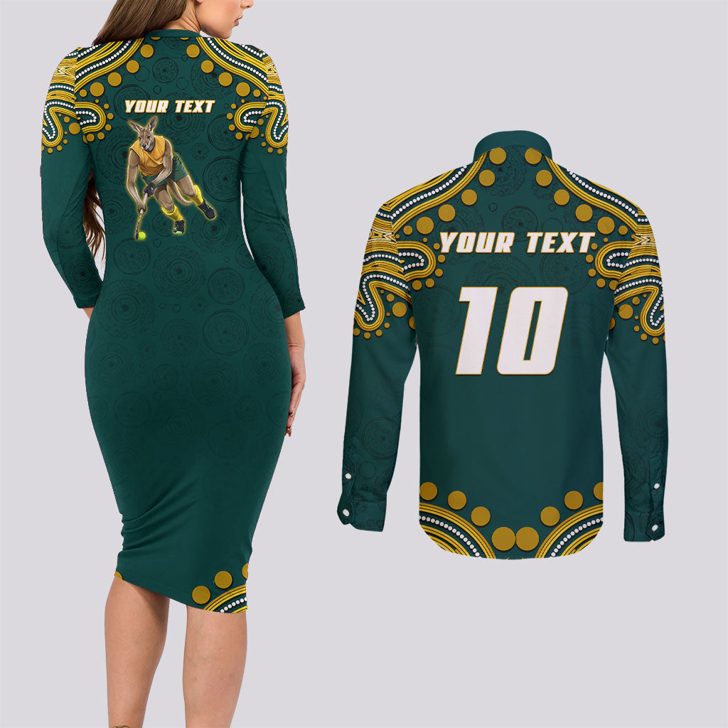 Personalized Kookaburras Field Hockey Kangaroo Couples Matching Long Sleeve Bodycon Dress and Long Sleeve Button Shirt Indigenous Australian Dot Art Style In Green And Gold