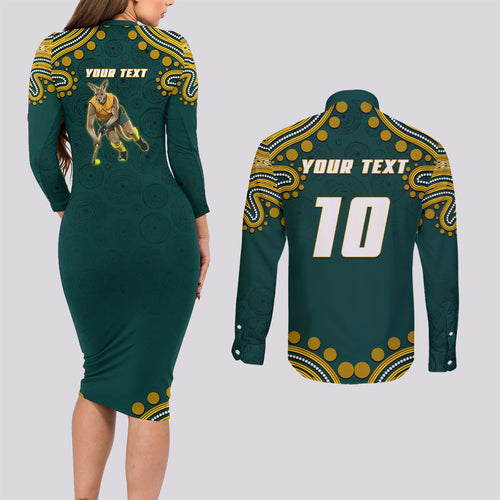 Personalized Kookaburras Field Hockey Kangaroo Couples Matching Long Sleeve Bodycon Dress and Long Sleeve Button Shirt Indigenous Australian Dot Art Style In Green And Gold