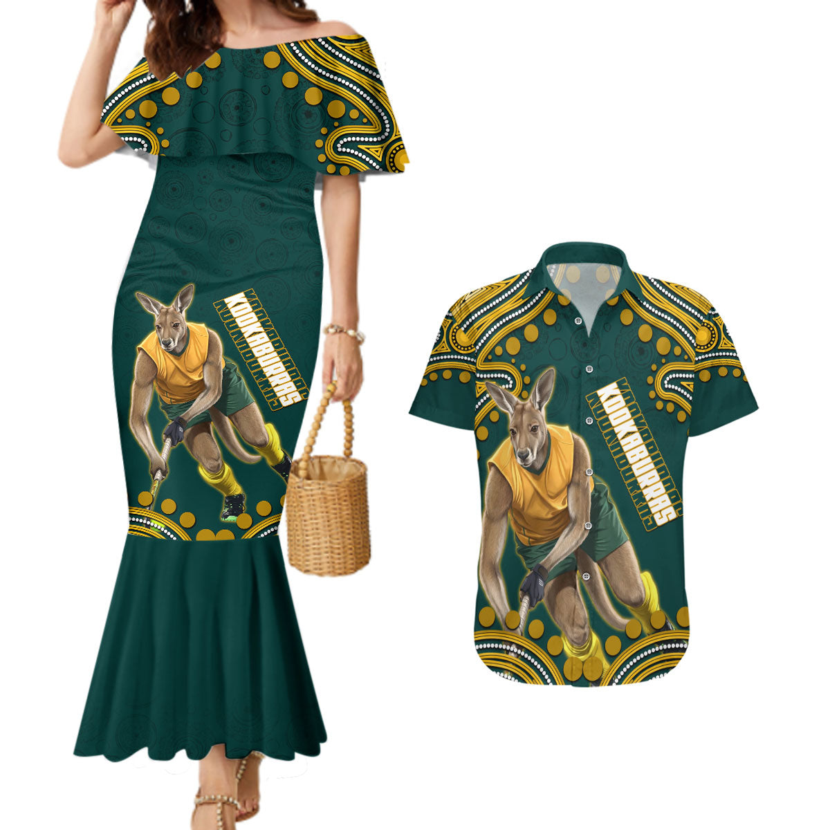 Personalized Kookaburras Field Hockey Kangaroo Couples Matching Mermaid Dress and Hawaiian Shirt Indigenous Australian Dot Art Style In Green And Gold