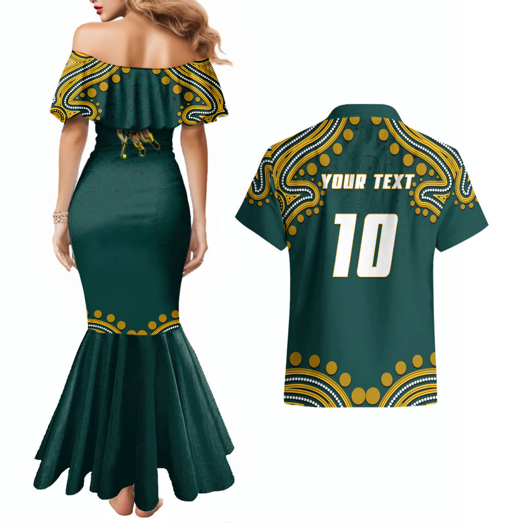 Personalized Kookaburras Field Hockey Kangaroo Couples Matching Mermaid Dress and Hawaiian Shirt Indigenous Australian Dot Art Style In Green And Gold