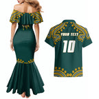 Personalized Kookaburras Field Hockey Kangaroo Couples Matching Mermaid Dress and Hawaiian Shirt Indigenous Australian Dot Art Style In Green And Gold