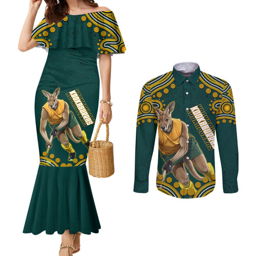 Personalized Kookaburras Field Hockey Kangaroo Couples Matching Mermaid Dress and Long Sleeve Button Shirt Indigenous Australian Dot Art Style In Green And Gold