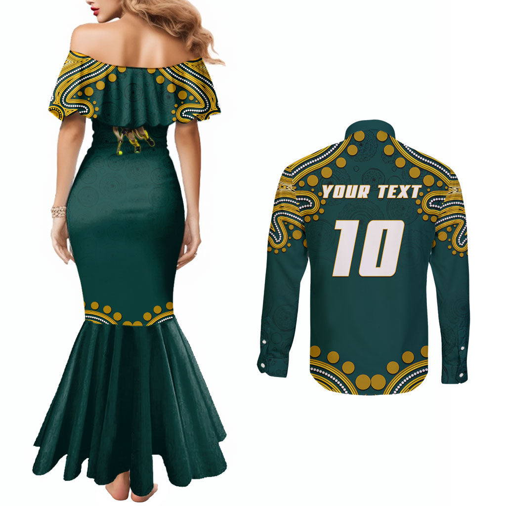 Personalized Kookaburras Field Hockey Kangaroo Couples Matching Mermaid Dress and Long Sleeve Button Shirt Indigenous Australian Dot Art Style In Green And Gold