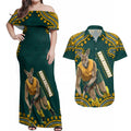 Personalized Kookaburras Field Hockey Kangaroo Couples Matching Off Shoulder Maxi Dress and Hawaiian Shirt Indigenous Australian Dot Art Style In Green And Gold