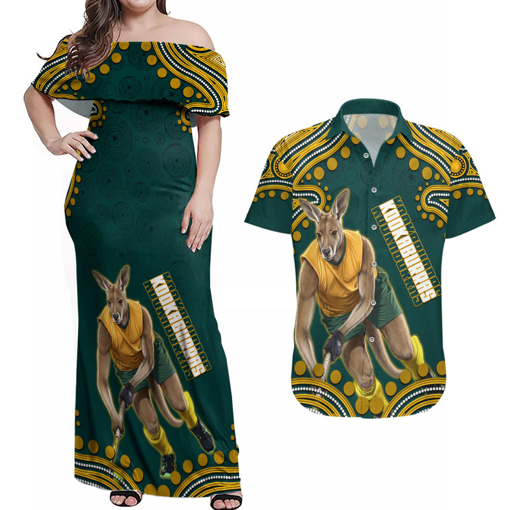 Personalized Kookaburras Field Hockey Kangaroo Couples Matching Off Shoulder Maxi Dress and Hawaiian Shirt Indigenous Australian Dot Art Style In Green And Gold
