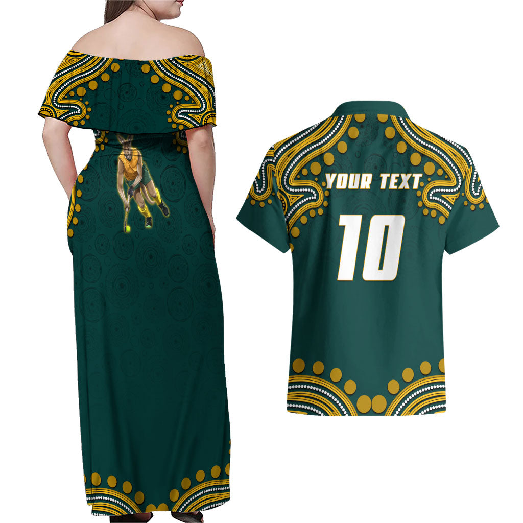 Personalized Kookaburras Field Hockey Kangaroo Couples Matching Off Shoulder Maxi Dress and Hawaiian Shirt Indigenous Australian Dot Art Style In Green And Gold