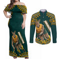 Personalized Kookaburras Field Hockey Kangaroo Couples Matching Off Shoulder Maxi Dress and Long Sleeve Button Shirt Indigenous Australian Dot Art Style In Green And Gold
