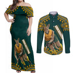 Personalized Kookaburras Field Hockey Kangaroo Couples Matching Off Shoulder Maxi Dress and Long Sleeve Button Shirt Indigenous Australian Dot Art Style In Green And Gold
