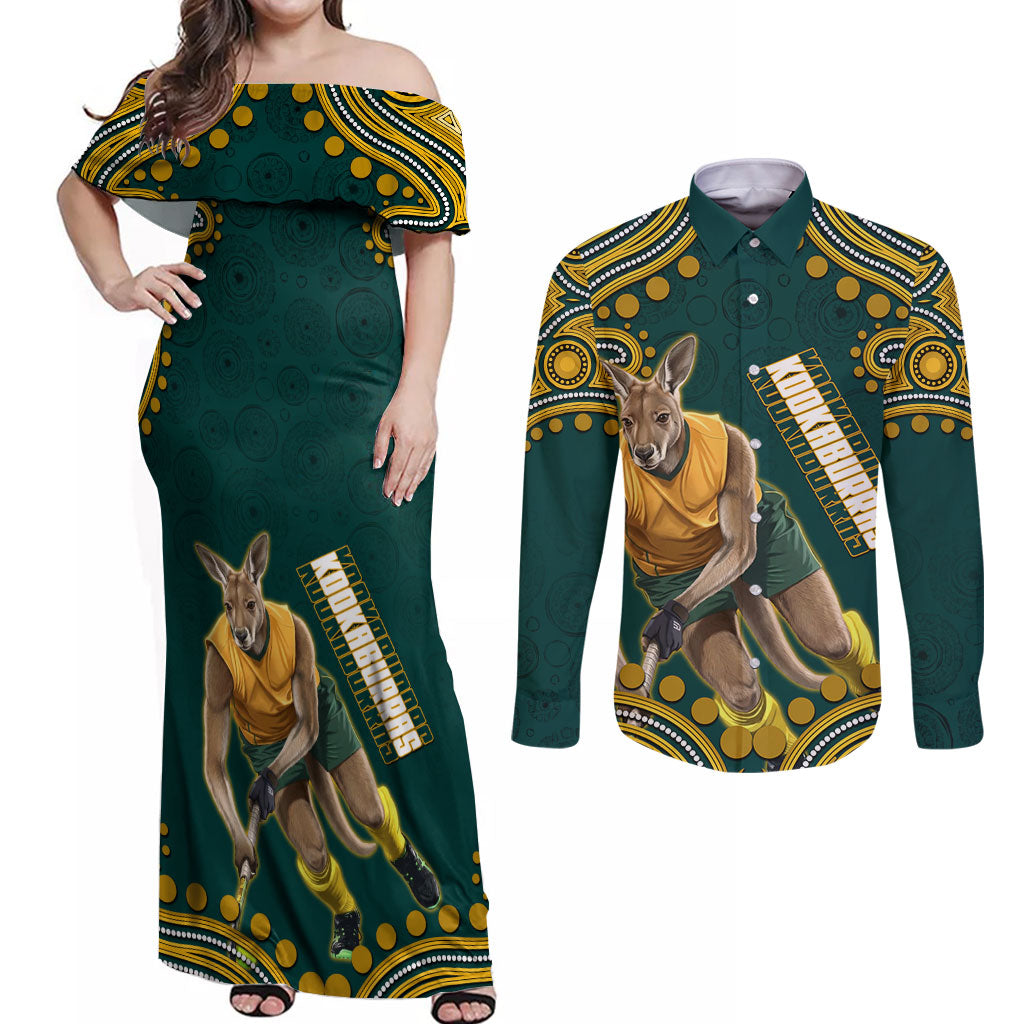 Personalized Kookaburras Field Hockey Kangaroo Couples Matching Off Shoulder Maxi Dress and Long Sleeve Button Shirt Indigenous Australian Dot Art Style In Green And Gold