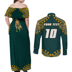 Personalized Kookaburras Field Hockey Kangaroo Couples Matching Off Shoulder Maxi Dress and Long Sleeve Button Shirt Indigenous Australian Dot Art Style In Green And Gold