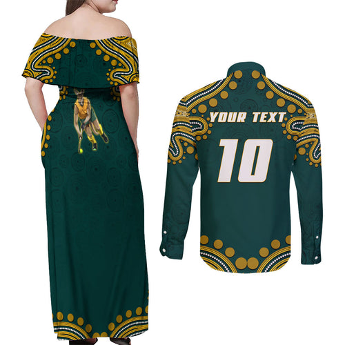 Personalized Kookaburras Field Hockey Kangaroo Couples Matching Off Shoulder Maxi Dress and Long Sleeve Button Shirt Indigenous Australian Dot Art Style In Green And Gold