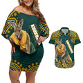 Personalized Kookaburras Field Hockey Kangaroo Couples Matching Off Shoulder Short Dress and Hawaiian Shirt Indigenous Australian Dot Art Style In Green And Gold
