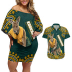 Personalized Kookaburras Field Hockey Kangaroo Couples Matching Off Shoulder Short Dress and Hawaiian Shirt Indigenous Australian Dot Art Style In Green And Gold