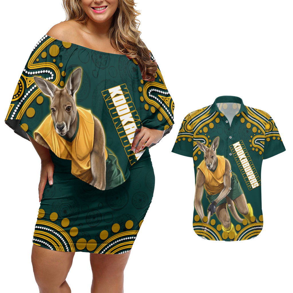 Personalized Kookaburras Field Hockey Kangaroo Couples Matching Off Shoulder Short Dress and Hawaiian Shirt Indigenous Australian Dot Art Style In Green And Gold