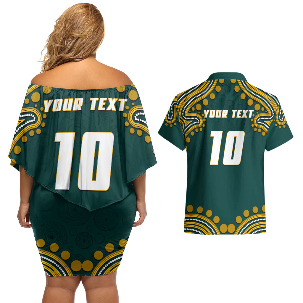 Personalized Kookaburras Field Hockey Kangaroo Couples Matching Off Shoulder Short Dress and Hawaiian Shirt Indigenous Australian Dot Art Style In Green And Gold