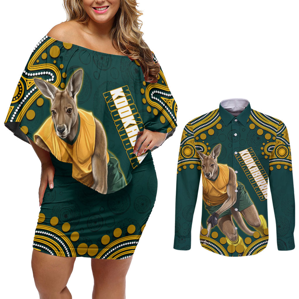 Personalized Kookaburras Field Hockey Kangaroo Couples Matching Off Shoulder Short Dress and Long Sleeve Button Shirt Indigenous Australian Dot Art Style In Green And Gold