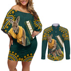 Personalized Kookaburras Field Hockey Kangaroo Couples Matching Off Shoulder Short Dress and Long Sleeve Button Shirt Indigenous Australian Dot Art Style In Green And Gold