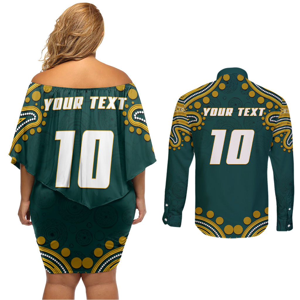 Personalized Kookaburras Field Hockey Kangaroo Couples Matching Off Shoulder Short Dress and Long Sleeve Button Shirt Indigenous Australian Dot Art Style In Green And Gold