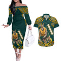 Personalized Kookaburras Field Hockey Kangaroo Couples Matching Off The Shoulder Long Sleeve Dress and Hawaiian Shirt Indigenous Australian Dot Art Style In Green And Gold