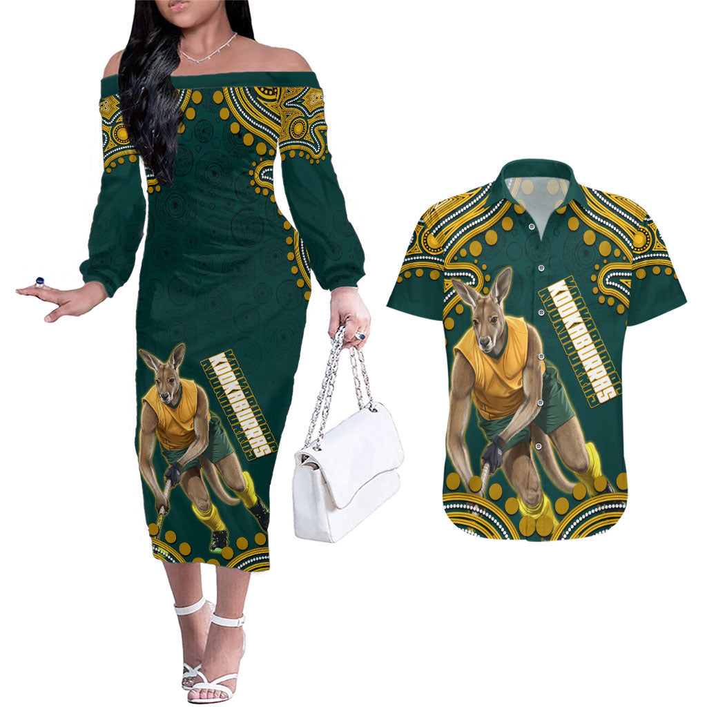 Personalized Kookaburras Field Hockey Kangaroo Couples Matching Off The Shoulder Long Sleeve Dress and Hawaiian Shirt Indigenous Australian Dot Art Style In Green And Gold