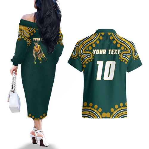 Personalized Kookaburras Field Hockey Kangaroo Couples Matching Off The Shoulder Long Sleeve Dress and Hawaiian Shirt Indigenous Australian Dot Art Style In Green And Gold