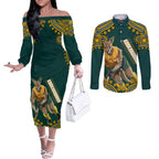 Personalized Kookaburras Field Hockey Kangaroo Couples Matching Off The Shoulder Long Sleeve Dress and Long Sleeve Button Shirt Indigenous Australian Dot Art Style In Green And Gold