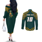 Personalized Kookaburras Field Hockey Kangaroo Couples Matching Off The Shoulder Long Sleeve Dress and Long Sleeve Button Shirt Indigenous Australian Dot Art Style In Green And Gold