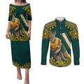 Personalized Kookaburras Field Hockey Kangaroo Couples Matching Puletasi and Long Sleeve Button Shirt Indigenous Australian Dot Art Style In Green And Gold
