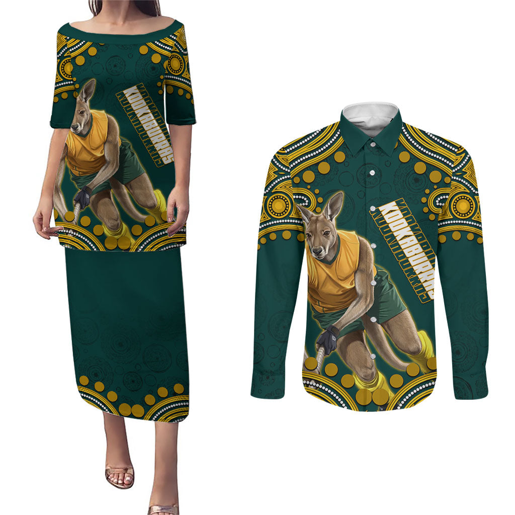 Personalized Kookaburras Field Hockey Kangaroo Couples Matching Puletasi and Long Sleeve Button Shirt Indigenous Australian Dot Art Style In Green And Gold